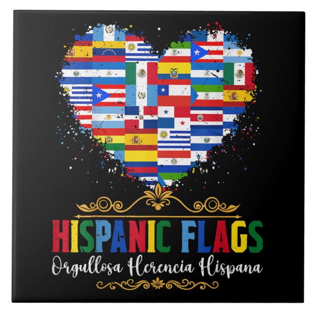 Hispanic Flags Heart Hispanic Heritage Month Tile (Front)