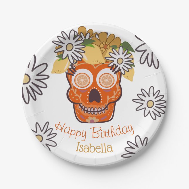 Hispanic Sugar Skull Fall Birthday Paper Plate (Front)