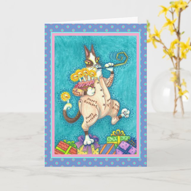 HISS N' FITZ CAT IN BIRTHDAY SUIT, CAKE & CANDLES CARD (Yellow Flower)