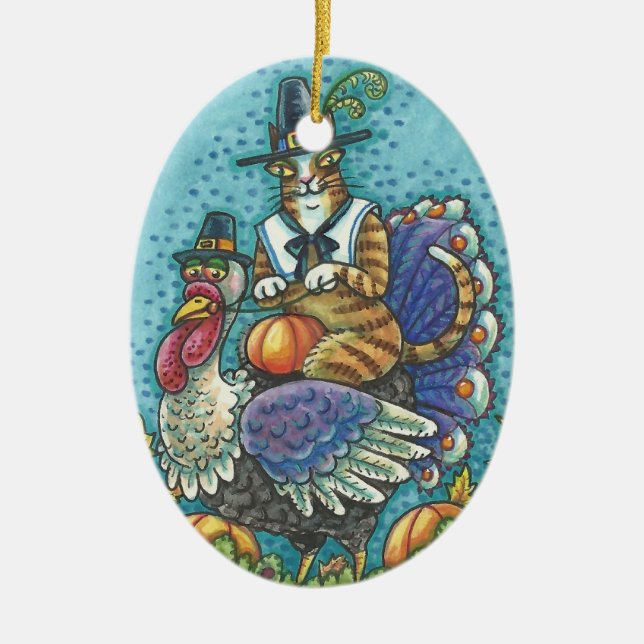 HISS N' FITZ CAT ON THANKSGIVING TURKEY ORNAMENT (Front)