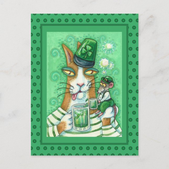 HISS N' FITZ CAT & RAT, CHEERS TO GREEN BEER FUNNY HOLIDAY POSTCARD (Front)