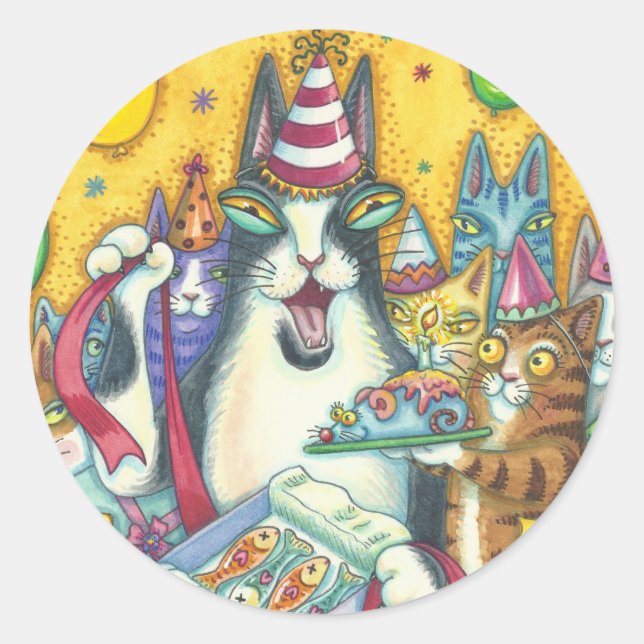 Hiss N' Fitz Cats BIRTHDAY STICKERS Round (Front)