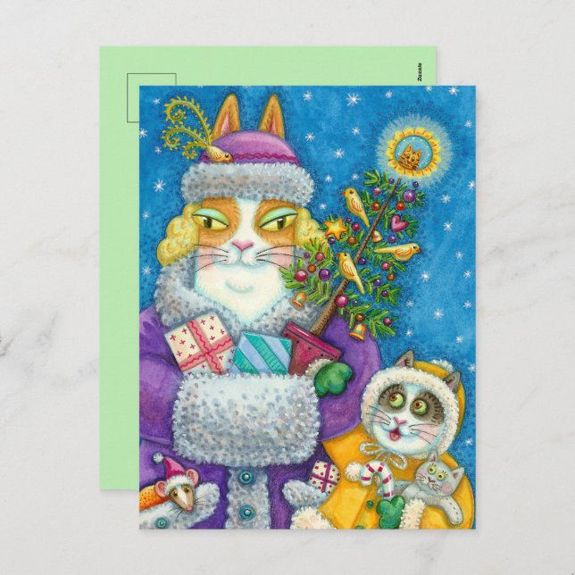 HISS N' FITZ CATS CHRISTMAS SHOPPING, FEATHER TREE HOLIDAY POSTCARD (Front/Back)