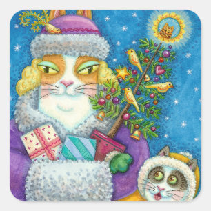 HISS N' FITZ CATS CHRISTMAS SHOPPING, FEATHER TREE SQUARE STICKER