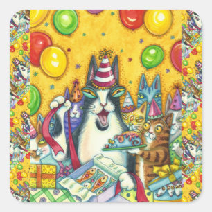 HISS N' FITZ CATS, KITTENS, MICE, FUNNY BIRTHDAY SQUARE STICKER