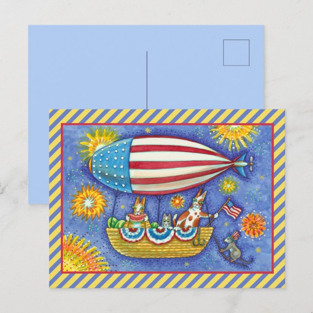 HISS N' FITZ CATS & MOUSE IN 4TH OF JULY ZEPPELIN HOLIDAY POSTCARD (Front/Back)