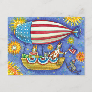 HISS N' FITZ CATS & MOUSE IN 4TH OF JULY ZEPPELIN HOLIDAY POSTCARD