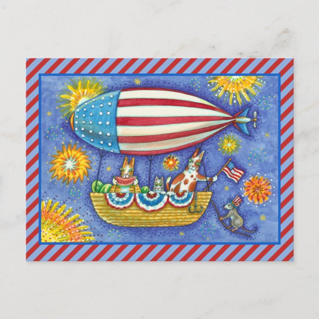 HISS N' FITZ CATS & MOUSE IN 4TH OF JULY ZEPPELIN HOLIDAY POSTCARD (Front)