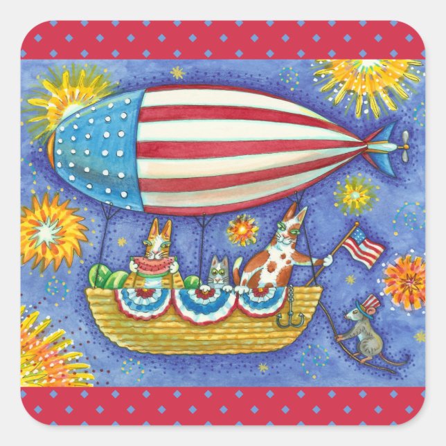 HISS N' FITZ CATS & MOUSE IN 4TH OF JULY ZEPPELIN SQUARE STICKER (Front)