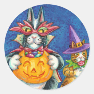 HISS N' FITZ CATS, TRICK OR TREAT FUNNY HALLOWEEN CLASSIC ROUND STICKER