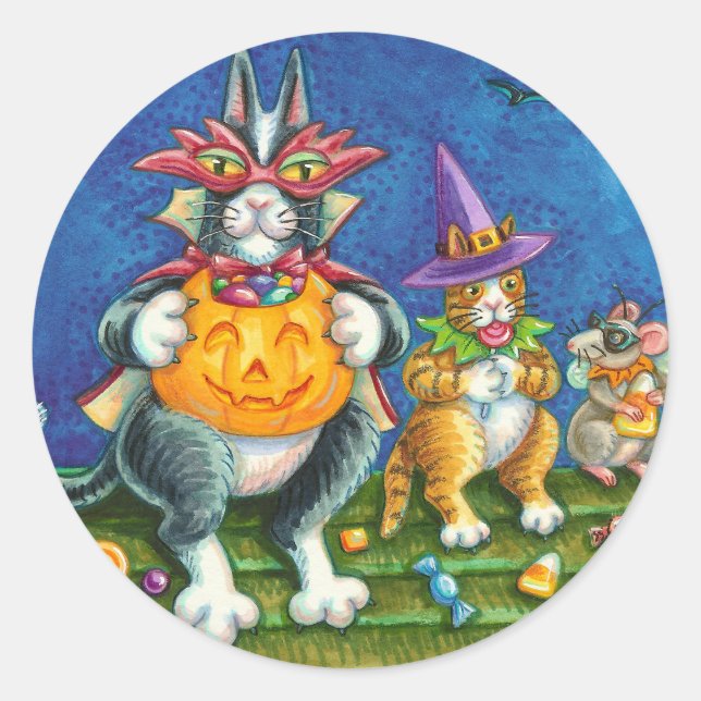 HISS N' FITZ CATS, TRICK OR TREAT FUNNY HALLOWEEN CLASSIC ROUND STICKER (Front)