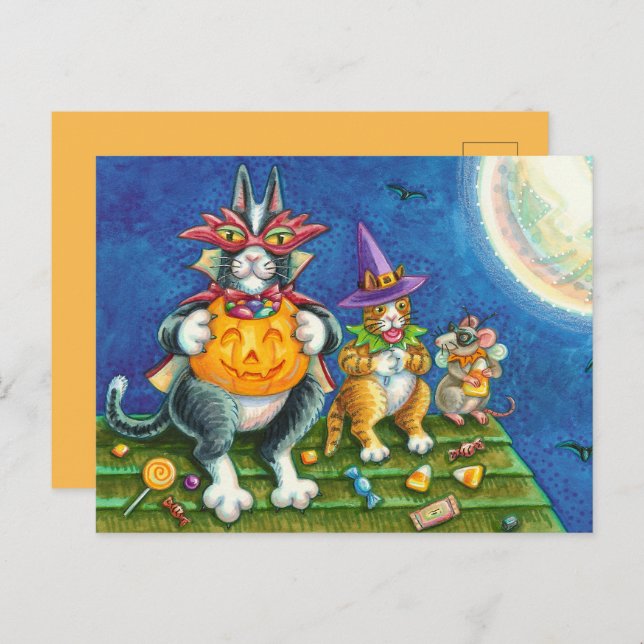 HISS N' FITZ CATS, TRICK OR TREAT FUNNY HALLOWEEN HOLIDAY POSTCARD (Front/Back)