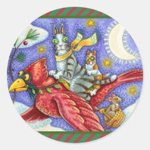 HISS N' FITZ FUNNY CATS, GIANT CHRISTMAS CARDINAL CLASSIC ROUND STICKER