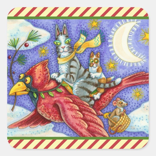 HISS N' FITZ FUNNY CATS, GIANT CHRISTMAS CARDINAL  SQUARE STICKER (Front)