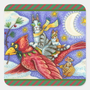 HISS N' FITZ FUNNY CATS, GIANT CHRISTMAS CARDINAL SQUARE STICKER