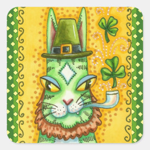 HISS N' FITZ LEPRECHAUN, ST. PADDY'S DAY FUNNY CAT SQUARE STICKER