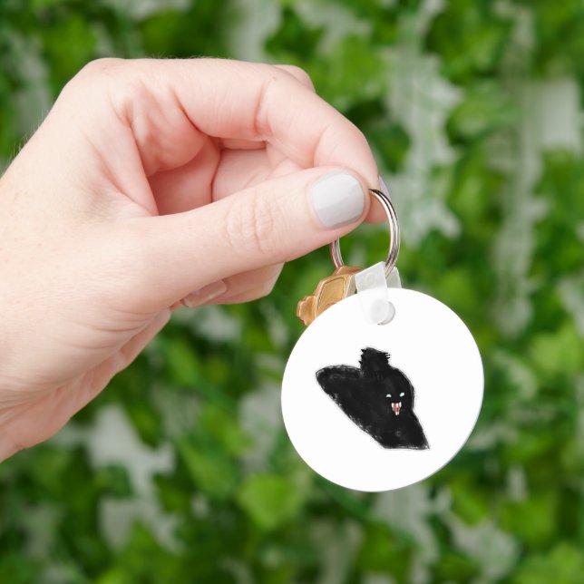 Hissing Black Cat Showing Fangs Pencil Art Key Ring (Hand)