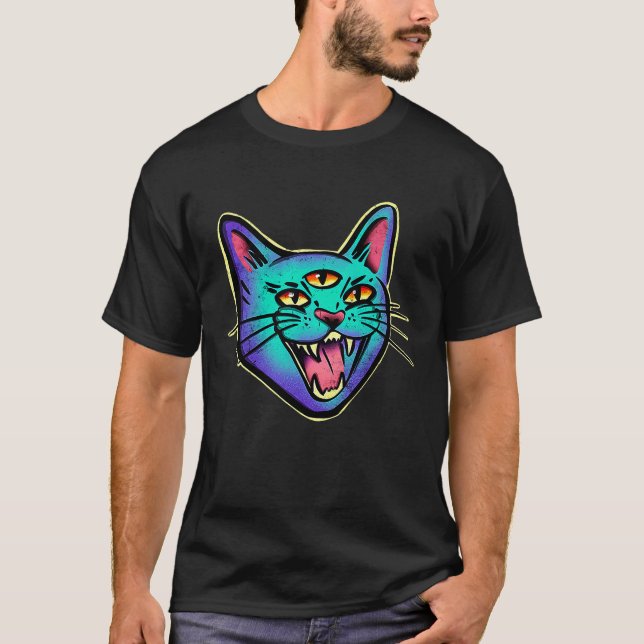 Hissing Cat Black Witch Cat distressed T-Shirt (Front)