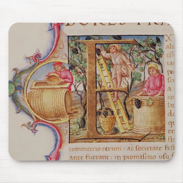 Historiated initial 'E' depicting grape picking Mouse Pad (Front)