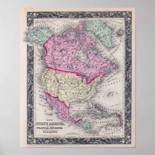 Historic 1860 Map of North America Poster (Front)