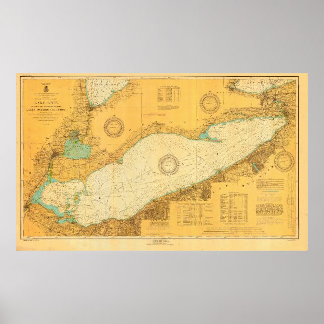 Historic 1918 Nautical Lake Erie chart poster (Front)