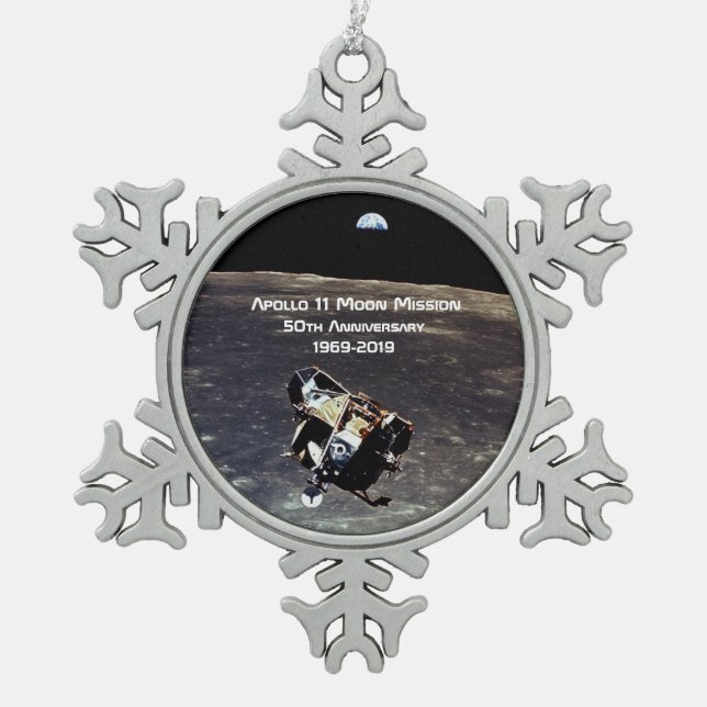 Historic Apollo 11 Moon Mission 50th Anniversary Snowflake Pewter Christmas Ornament (Front)