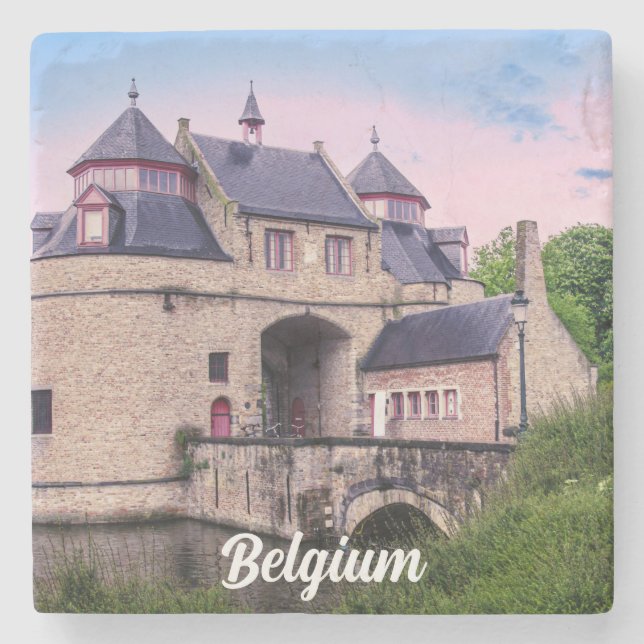 Historic city gate in Bruges Square Stone Coaster (Front)