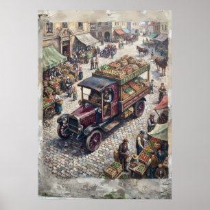 Historic Cobblestone Market Vintage Truck Art Poster