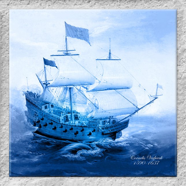 Historic Dutch Sailboat Delft Blue Tile (Tile showing a painting by Dutch artist Cornelis Verbeeck of a historic sailboat in Delft blue)