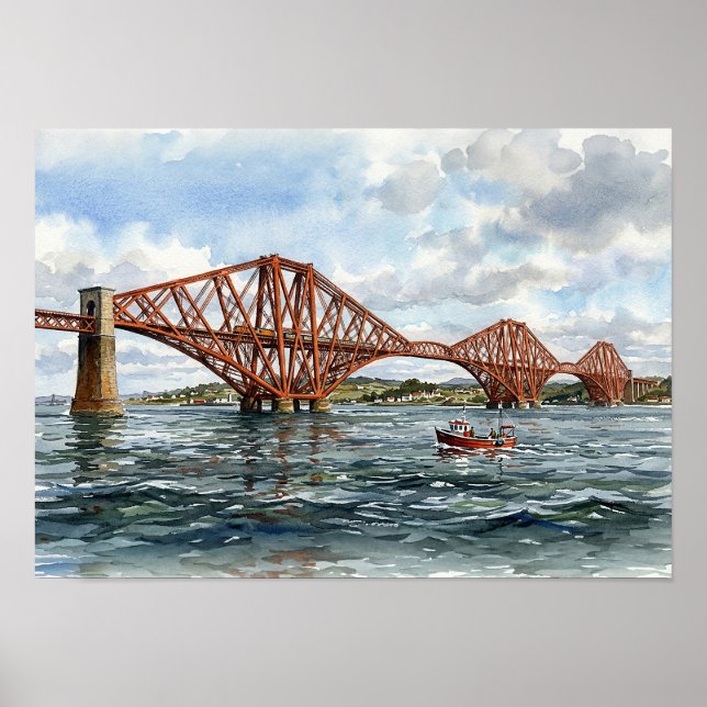 Historic Forth Rail Bridge Scotland Watercolour Poster (Front)
