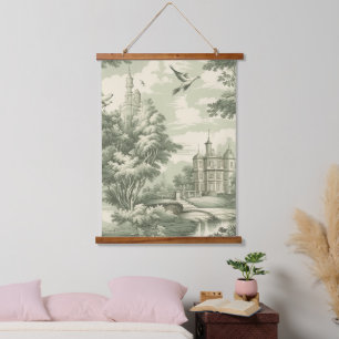Historic Green French Scenic Toile Pattern Hanging Tapestry