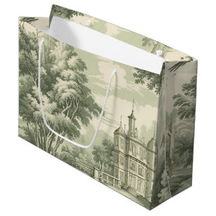Historic Green French Scenic Toile Pattern Large Gift Bag