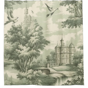 Historic Green French Scenic Toile Pattern Shower Curtain