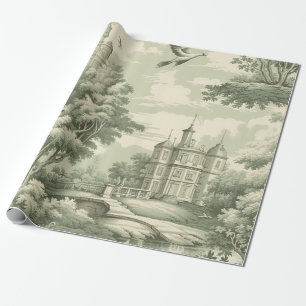 Historic Green French Scenic Toile Pattern Wrapping Paper