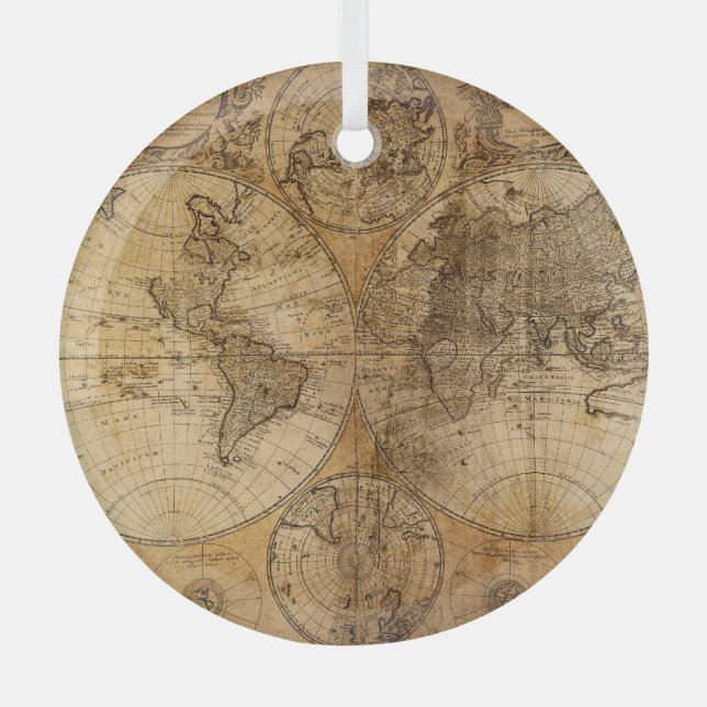 Historic Journey: 1746 World Map Glass Tree Decoration (Front)