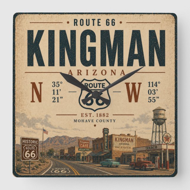 Historic Kingman Arizona Route 66 Art Square Wall Clock (Front)