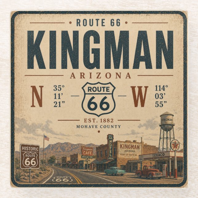 Historic Kingman Route 66 Retro Artwork Glass Coaster (Front)