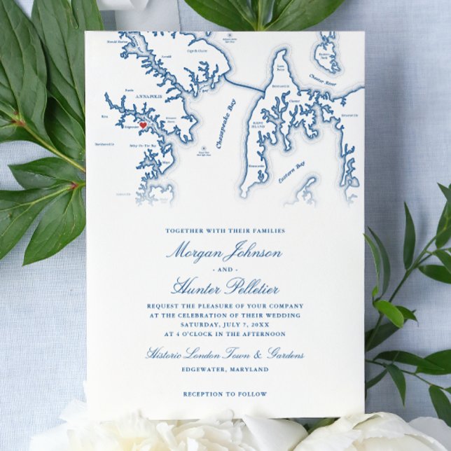 Historic London Town Annapolis MD Wedding  Invitation (Historic London Town Wedding Invitation Annapolis MD Wedding in Navy Blue by Coastal Map Designs)