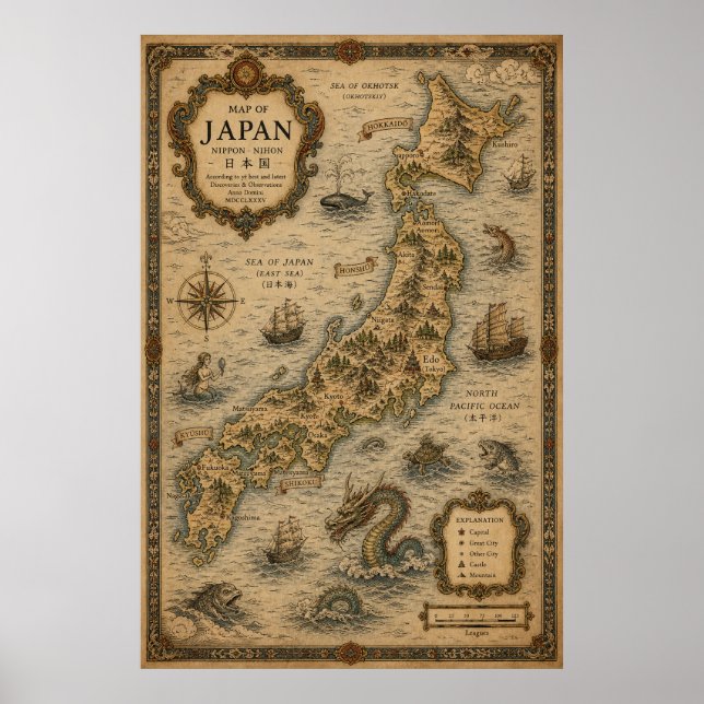 Historic Map of Feudal Japan Poster (Front)