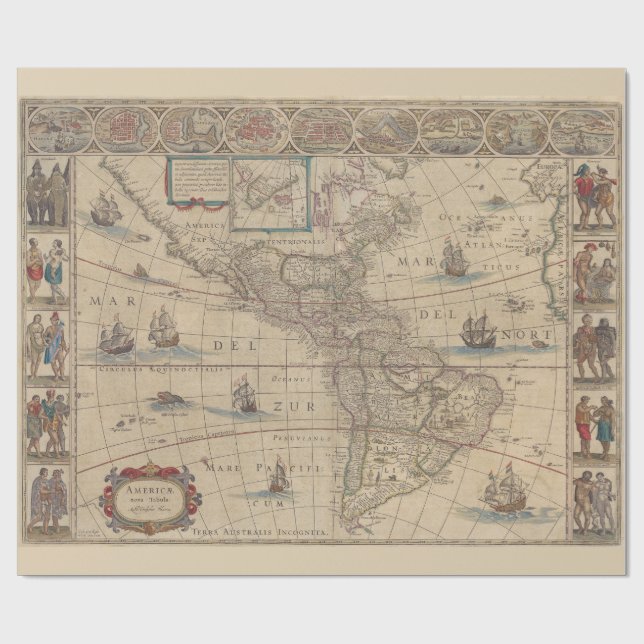 Historic Map of the American Continents Wrapping Paper (Flat)