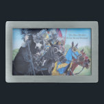 historic mediaeval knights jousting on horses belt buckle<br><div class="desc">This unique bely buckle has one of my favourite paintings on it, the jousting knights on horseback painting is titled "The Four Knights of The Forest Festival." I painted it from a photograph that I took when I was at the Forest Festival on Chingford Plains in the UK. The forest...</div>