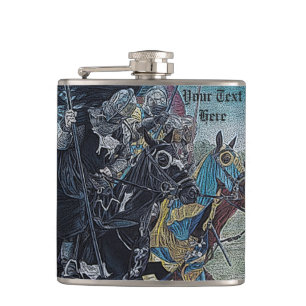 historic mediaeval knights jousting on horses hip flask