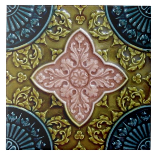 Historic Repro Rose, Green, Indigo Majolica Tile (Front)