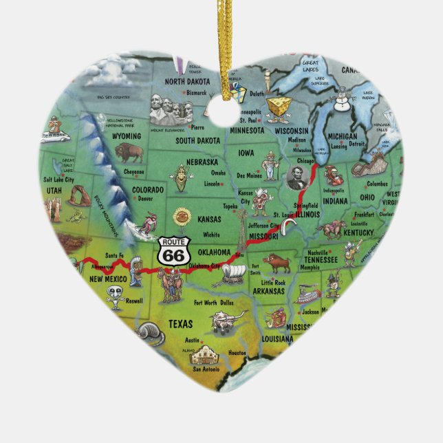 Historic Route 66 Cartoon Map Ceramic Tree Decoration (Front)