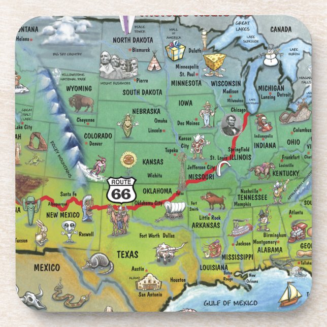 Historic Route 66 Cartoon Map Coaster (Front)