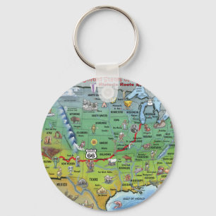 Historic Route 66 Cartoon Map Key Ring