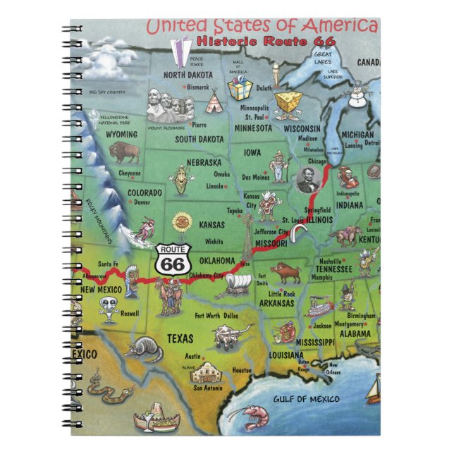 Historic Route 66 Cartoon Map Notebook (Front)