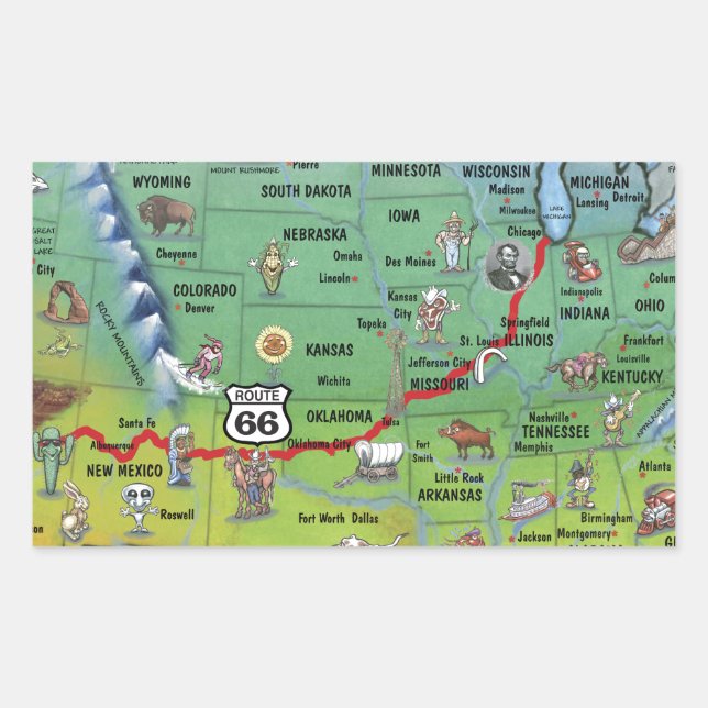 Historic Route 66 Cartoon Map Rectangular Sticker (Front)