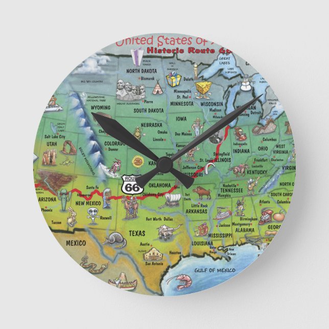 Historic Route 66 Cartoon Map Round Clock (Front)