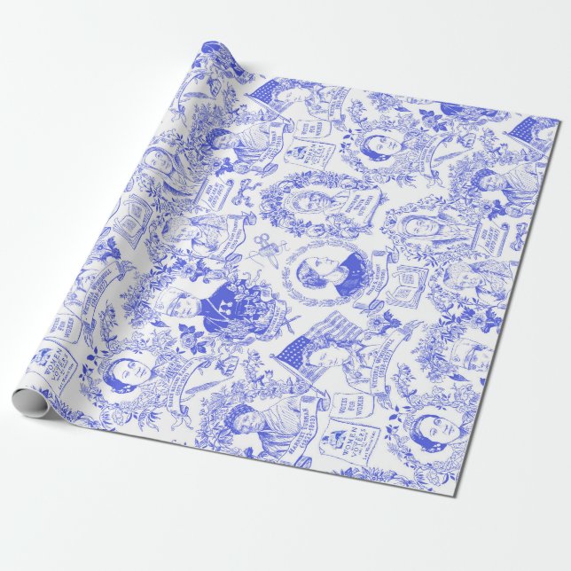 Historical Feminist Pioneers Blue Toile Wrapping Paper (Unrolled)